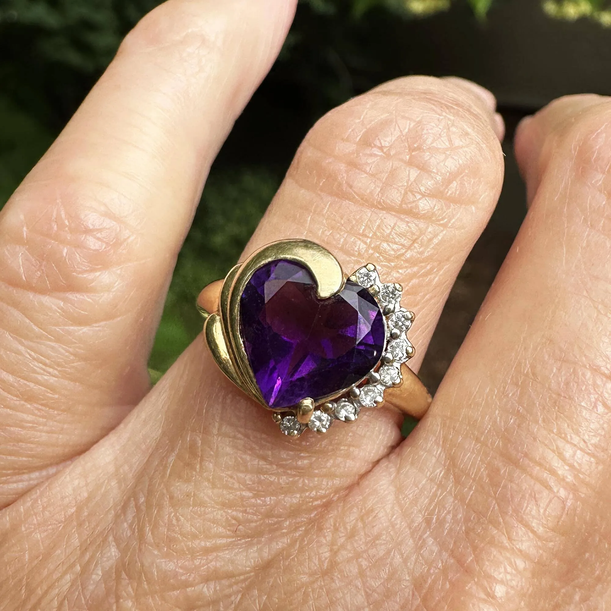 Vintage 14K Gold Diamond Accent Heart Shape Amethyst Ring