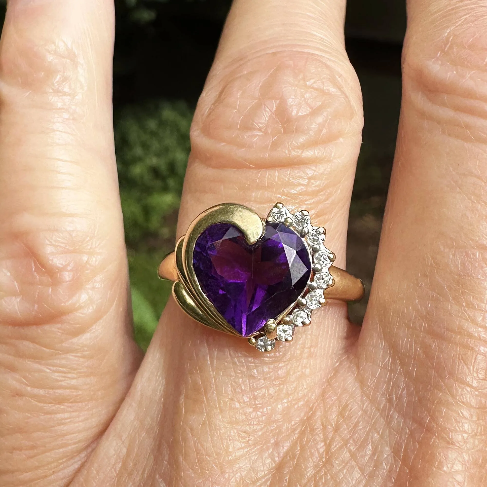 Vintage 14K Gold Diamond Accent Heart Shape Amethyst Ring