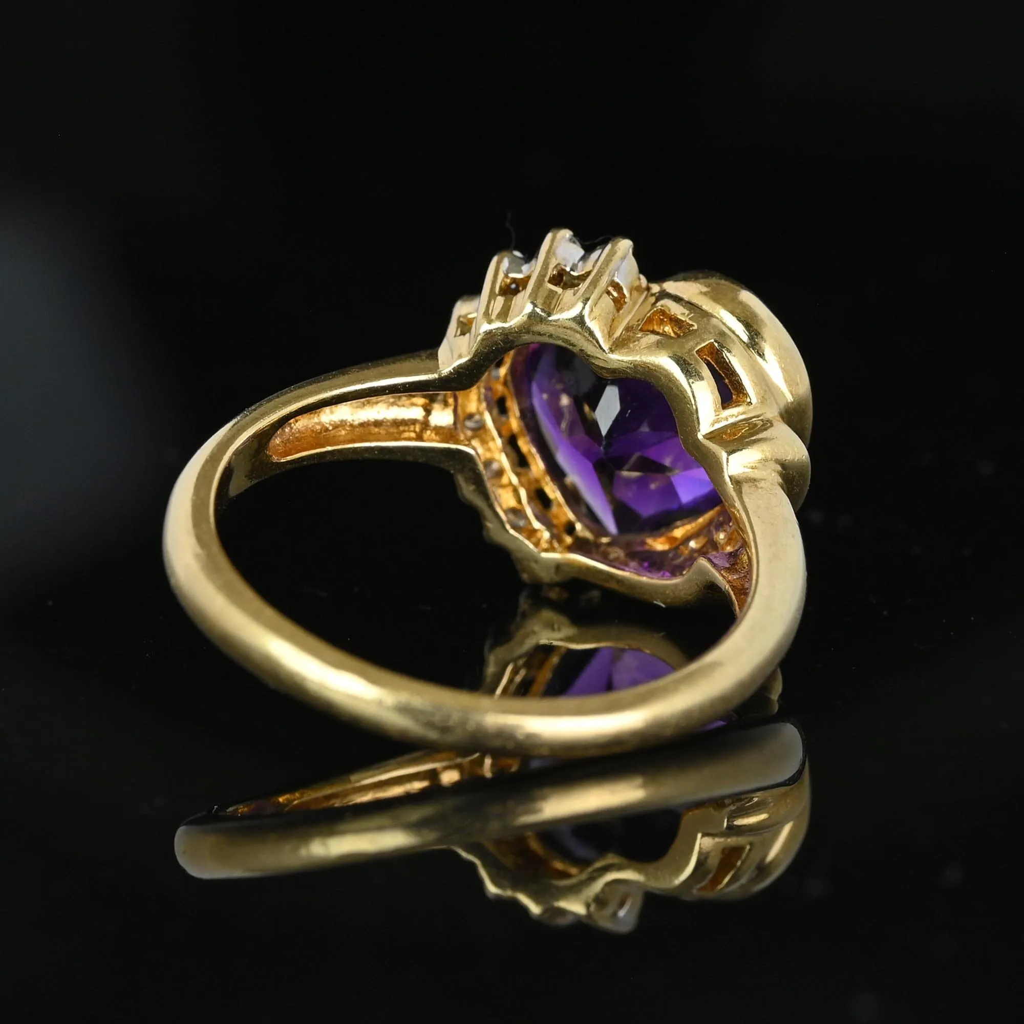 Vintage 14K Gold Diamond Accent Heart Shape Amethyst Ring