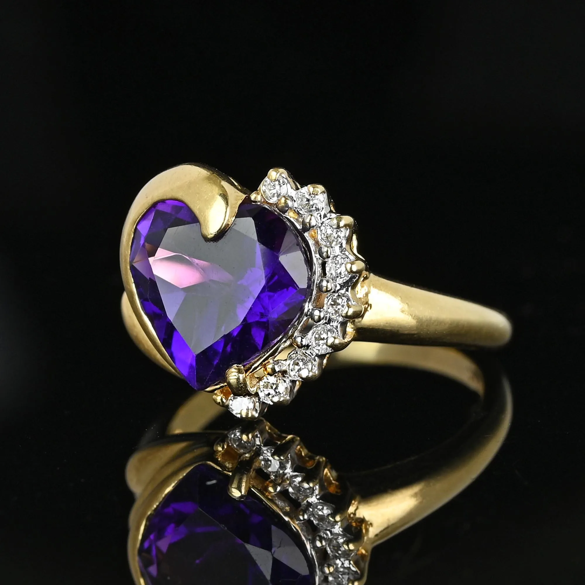 Vintage 14K Gold Diamond Accent Heart Shape Amethyst Ring