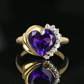 Vintage 14K Gold Diamond Accent Heart Shape Amethyst Ring