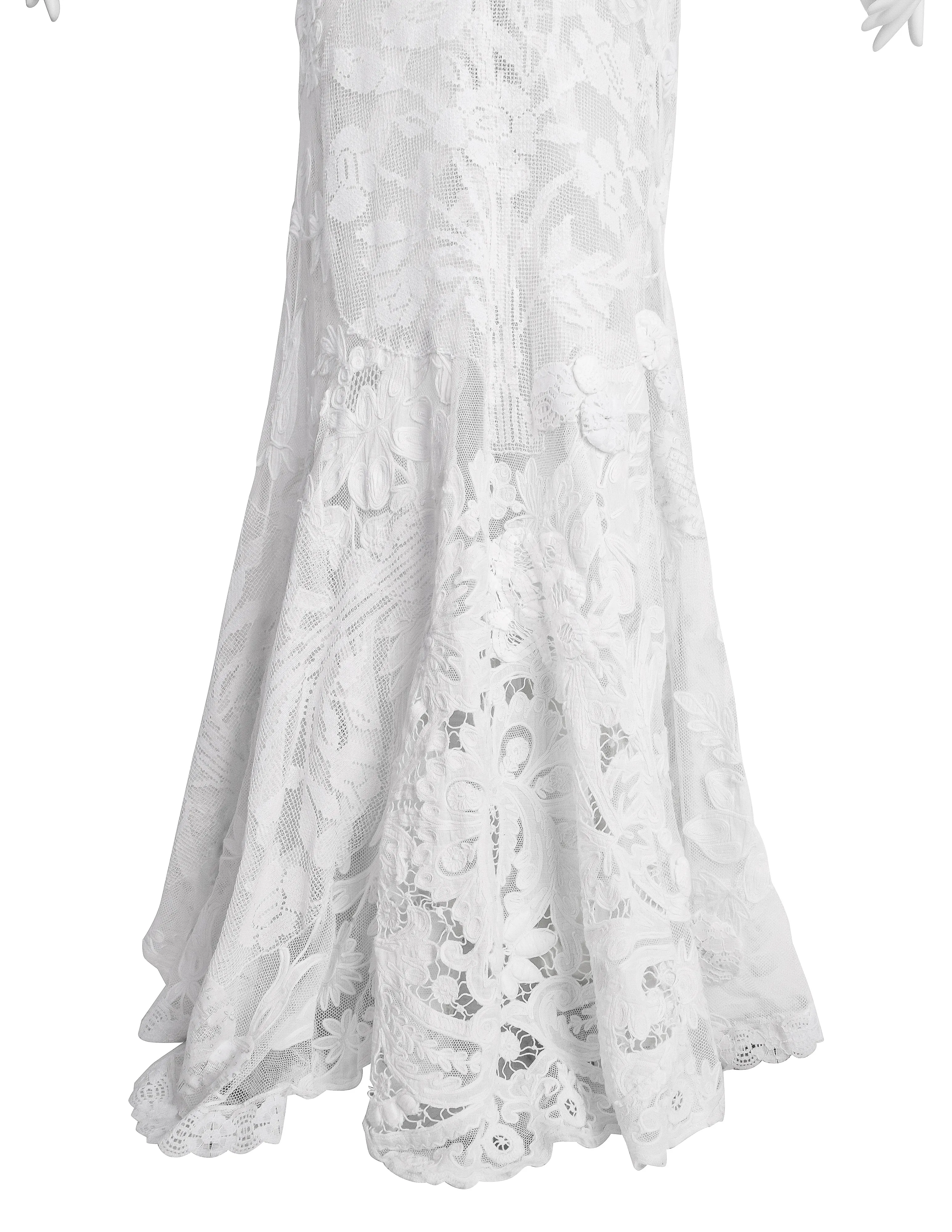 Vintage 1930s Reworked Phenomenal White Mesh Net Lace Embellished Trained Gown