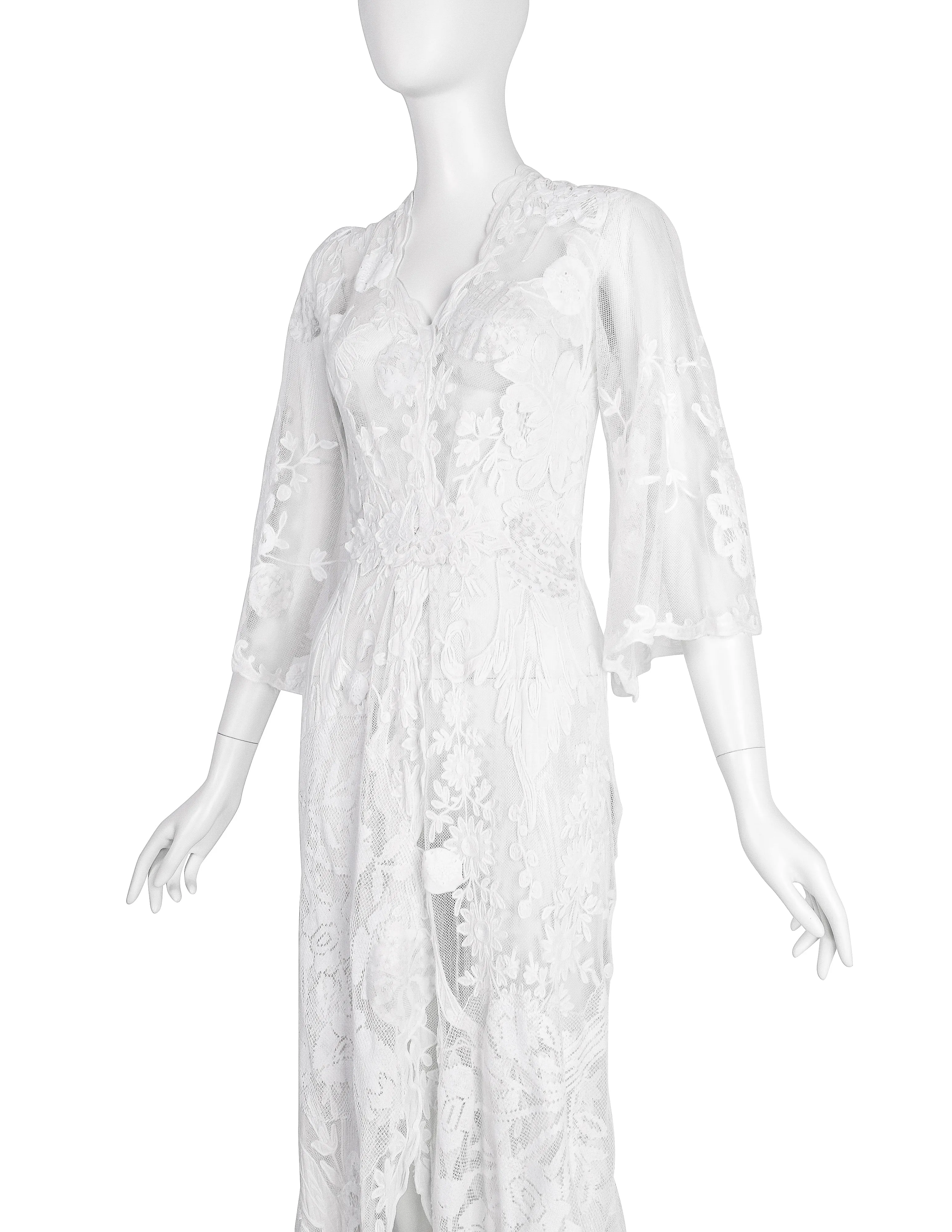 Vintage 1930s Reworked Phenomenal White Mesh Net Lace Embellished Trained Gown