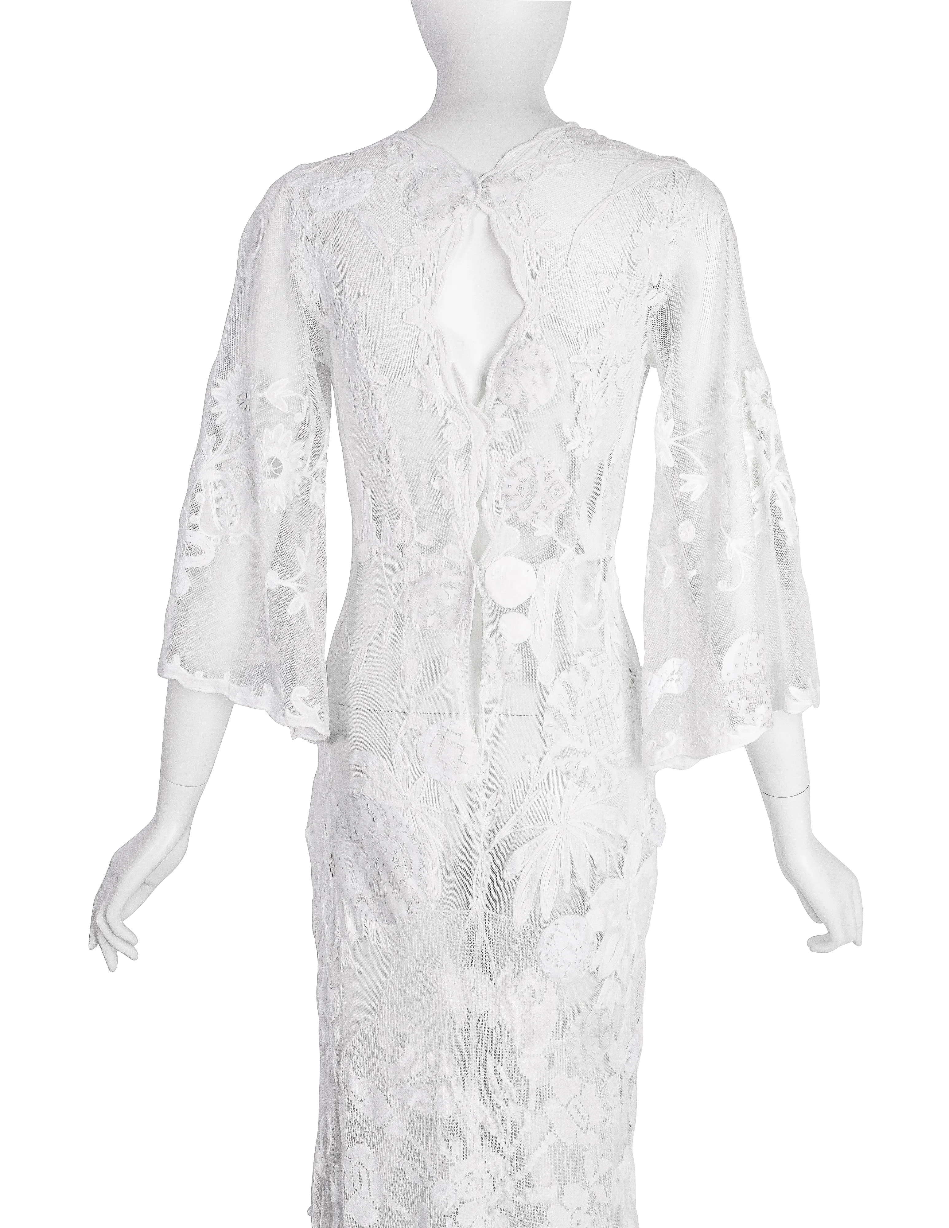 Vintage 1930s Reworked Phenomenal White Mesh Net Lace Embellished Trained Gown