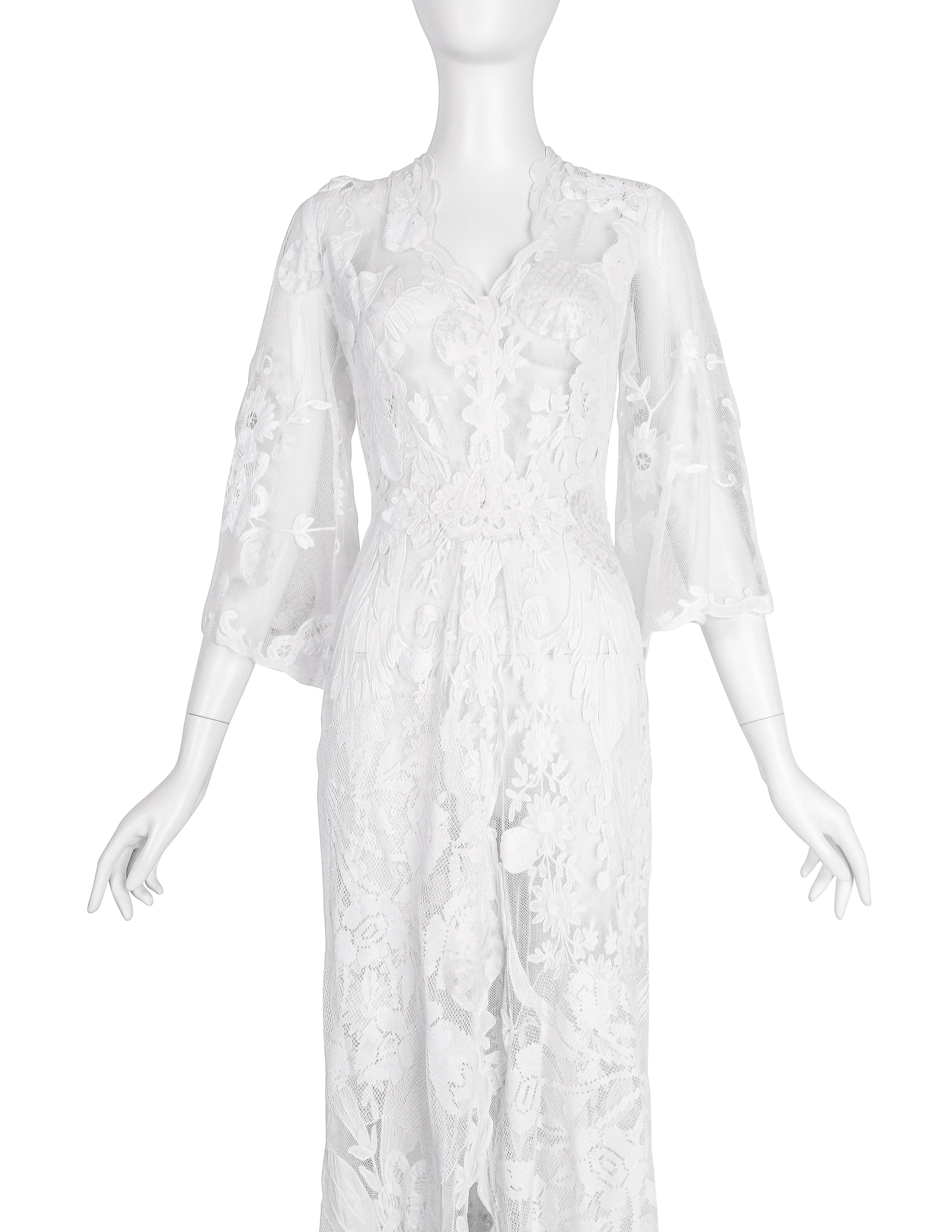 Vintage 1930s Reworked Phenomenal White Mesh Net Lace Embellished Trained Gown