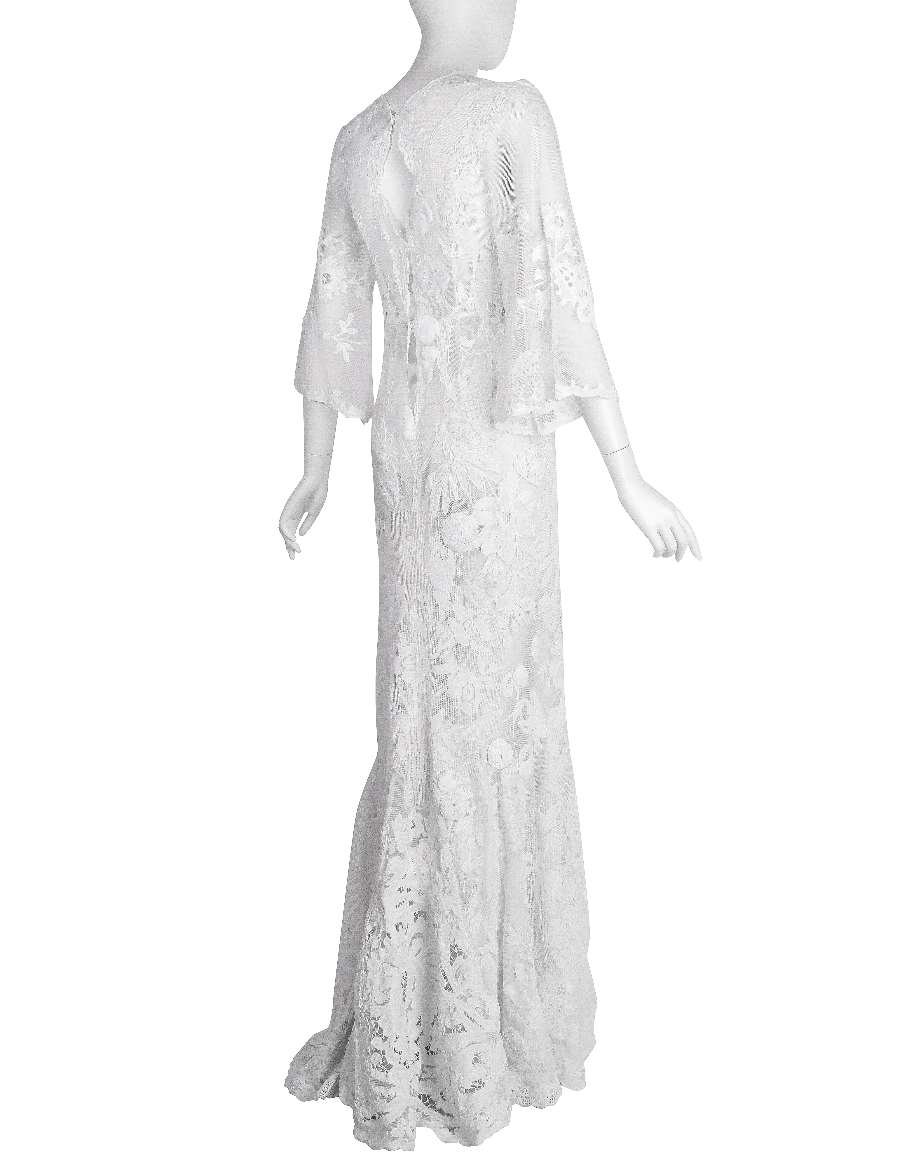 Vintage 1930s Reworked Phenomenal White Mesh Net Lace Embellished Trained Gown