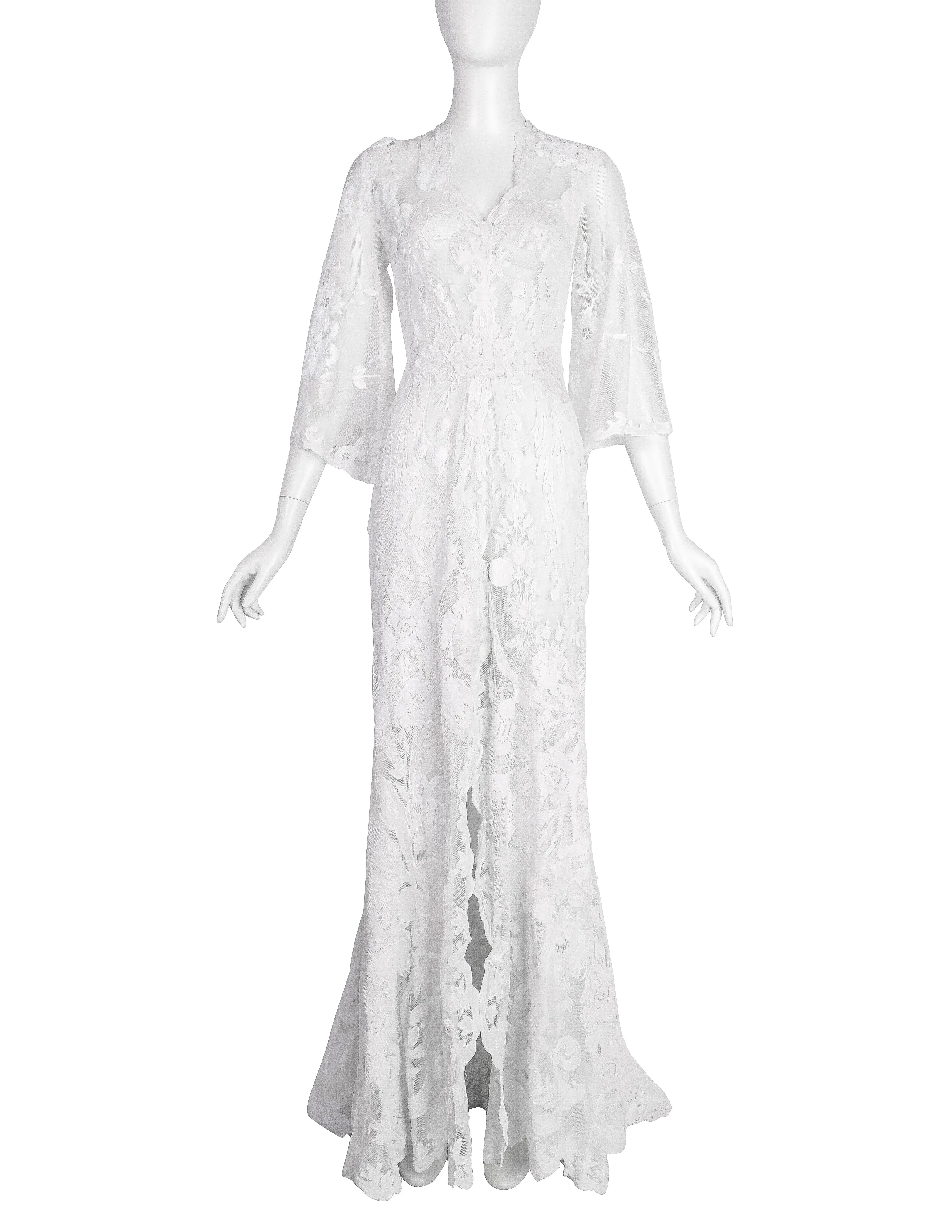 Vintage 1930s Reworked Phenomenal White Mesh Net Lace Embellished Trained Gown