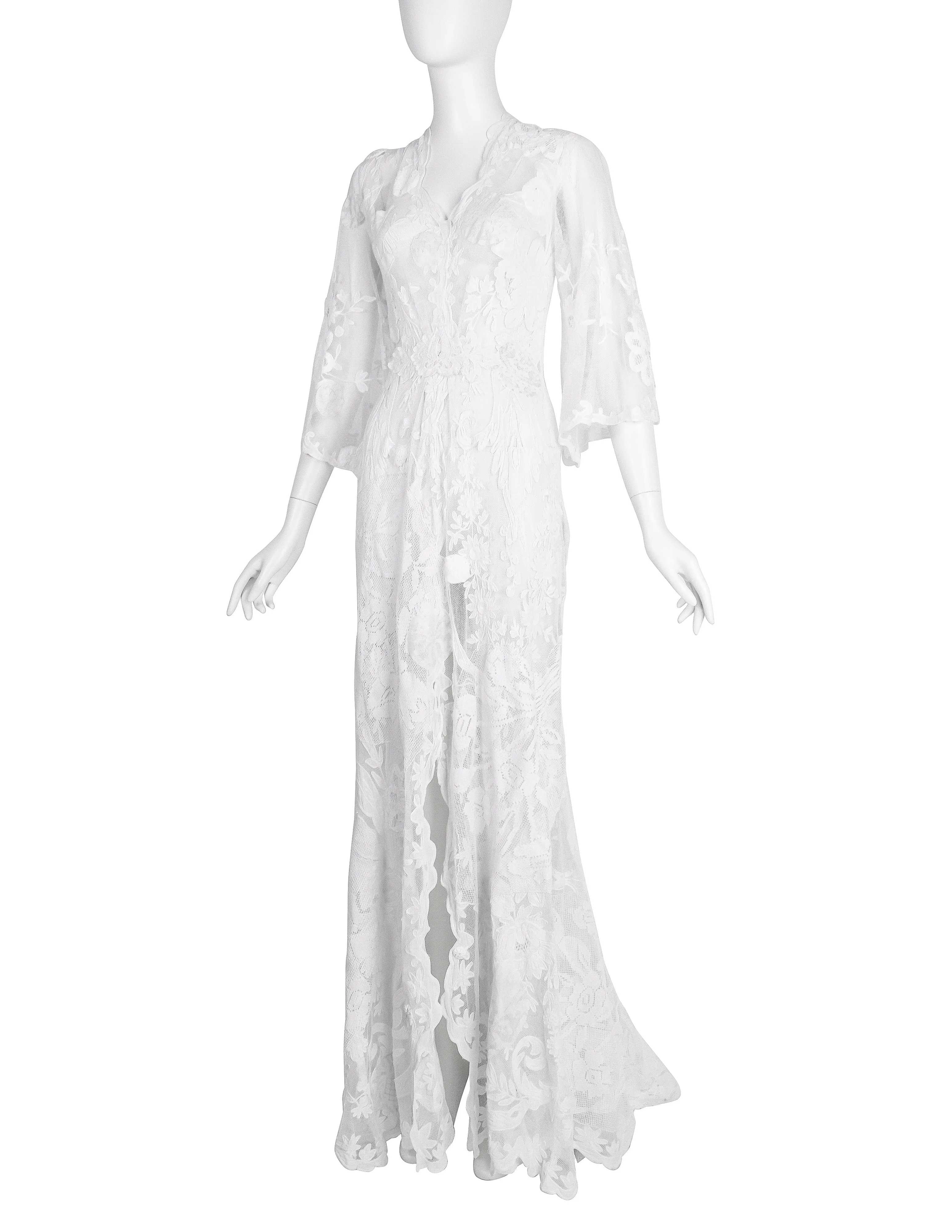 Vintage 1930s Reworked Phenomenal White Mesh Net Lace Embellished Trained Gown