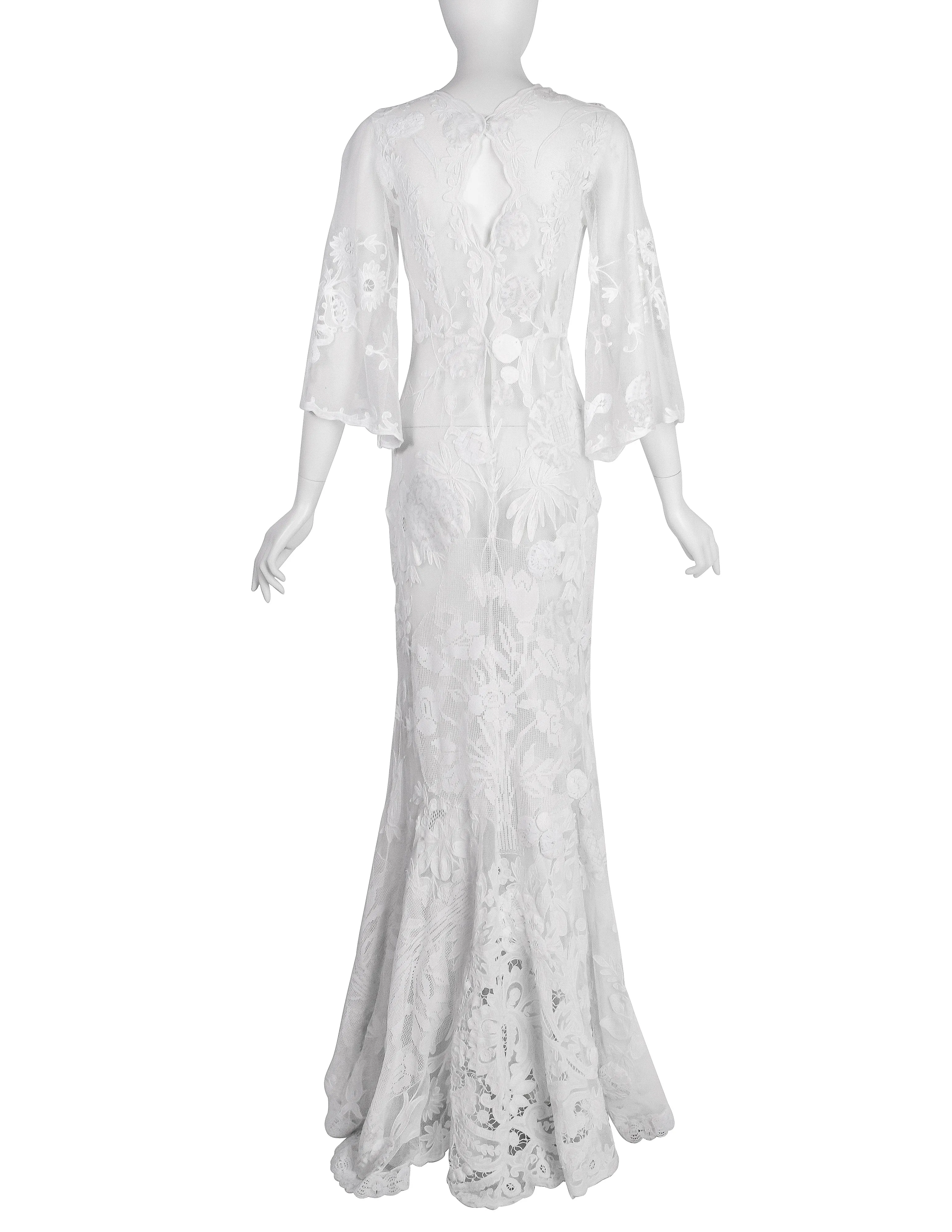 Vintage 1930s Reworked Phenomenal White Mesh Net Lace Embellished Trained Gown