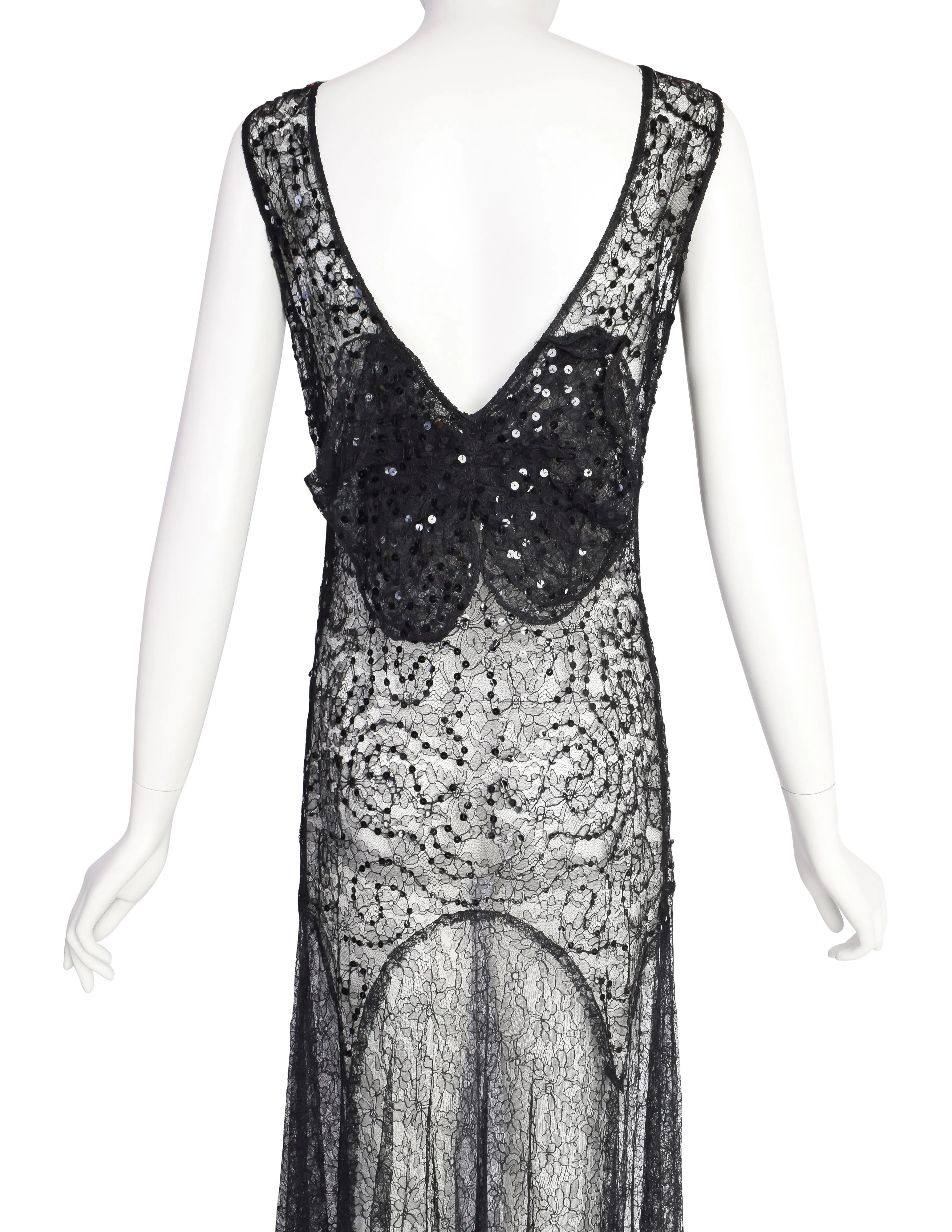 Vintage 1930s Sheer Black Chantilly Lace Sequin Bow Detail Full Length Dress