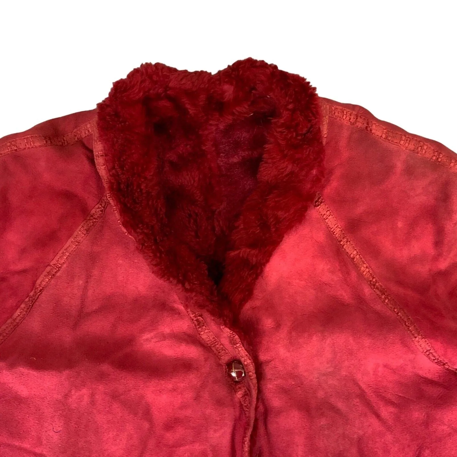 Vintage 80s 90s Red Faux Fur Lined Suede Long Shearling Coat M