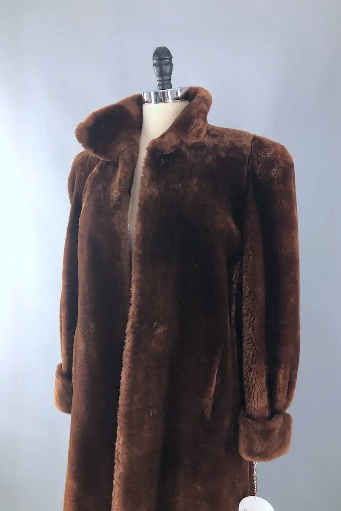 Vintage Brown Mouton Fur Long Coat