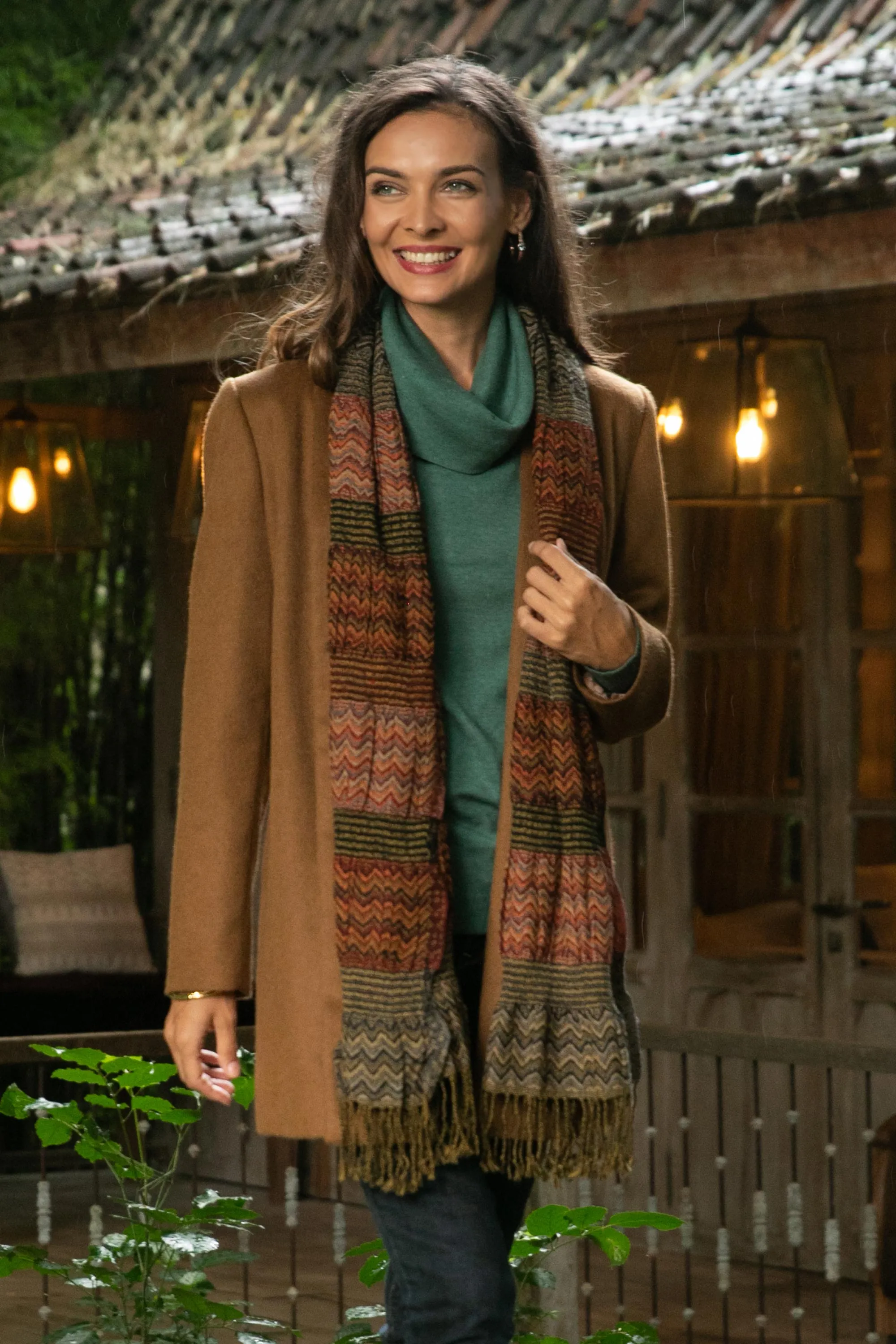 Wave Pattern Wool Scarf from India - Autumn Waves | NOVICA