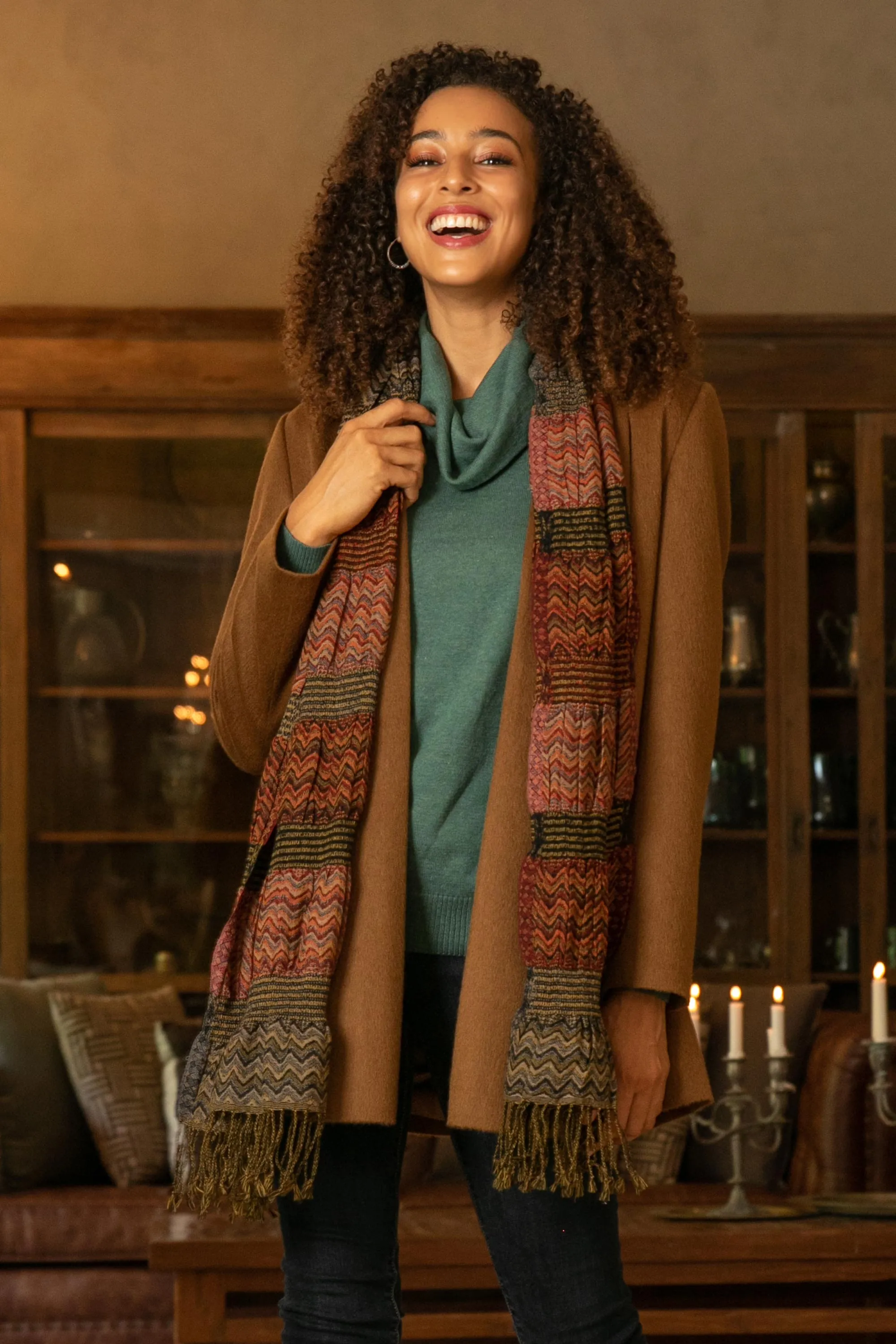 Wave Pattern Wool Scarf from India - Autumn Waves | NOVICA