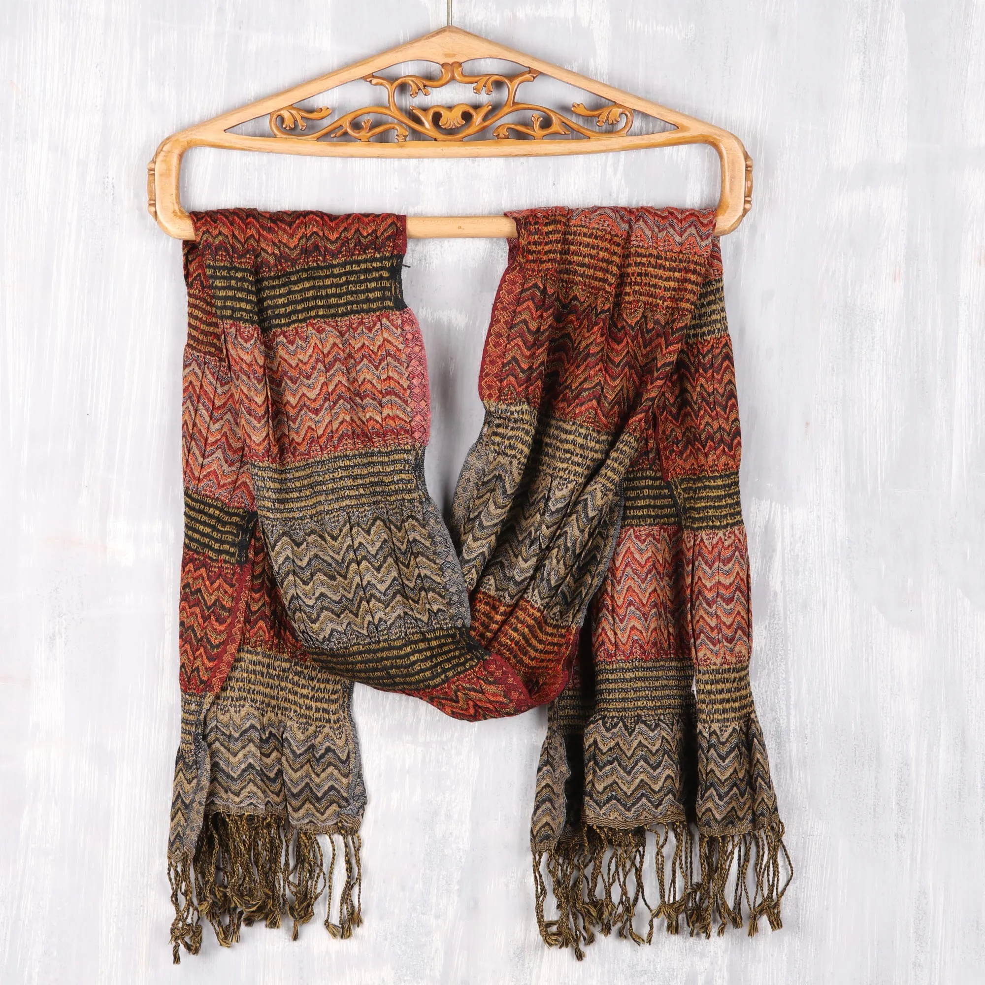 Wave Pattern Wool Scarf from India - Autumn Waves | NOVICA