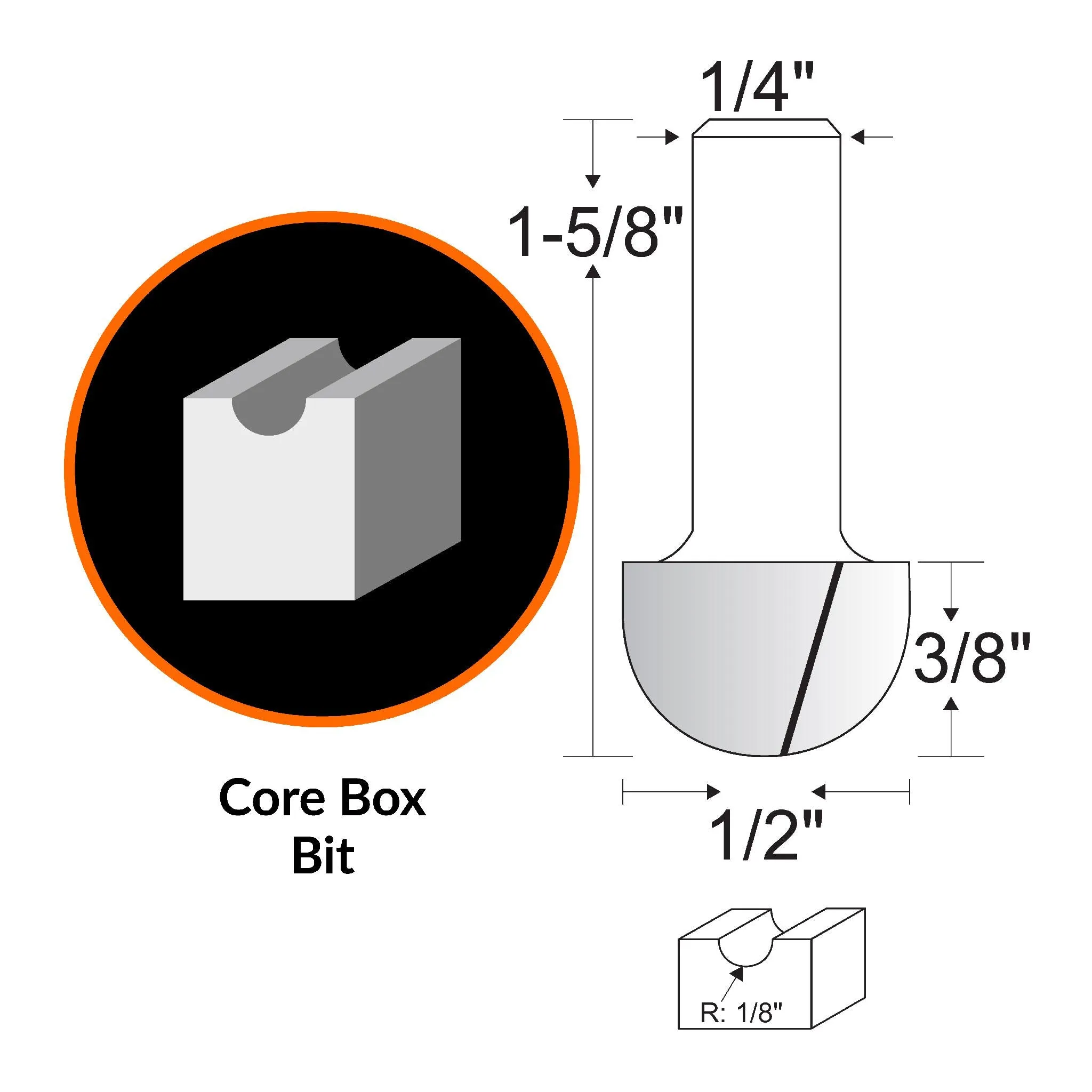 WEN RB202CB 1/2 in. Core Box Carbide-Tipped Router Bit with 1/4 in. Shank