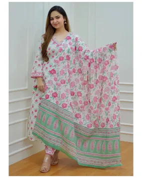 White & Pink Viscose A Line Block Print Suit Set with Chanderi Cotton Dupatta