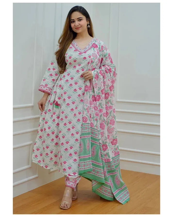 White & Pink Viscose A Line Block Print Suit Set with Chanderi Cotton Dupatta