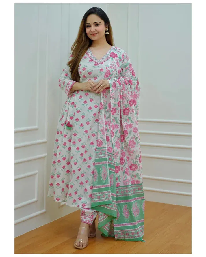 White & Pink Viscose A Line Block Print Suit Set with Chanderi Cotton Dupatta