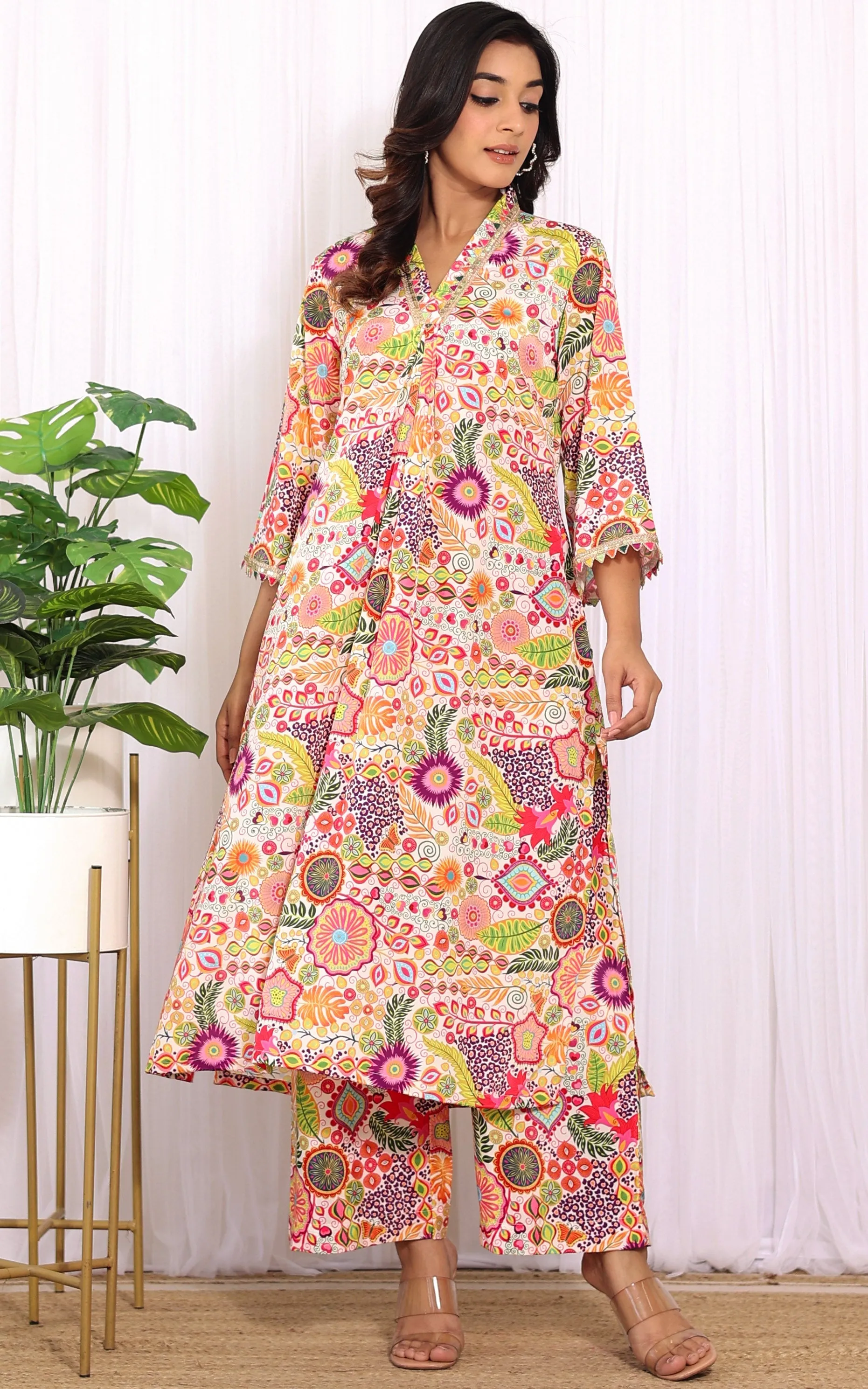 White Kitschy Printed Crepe Kurta Co-ord Set