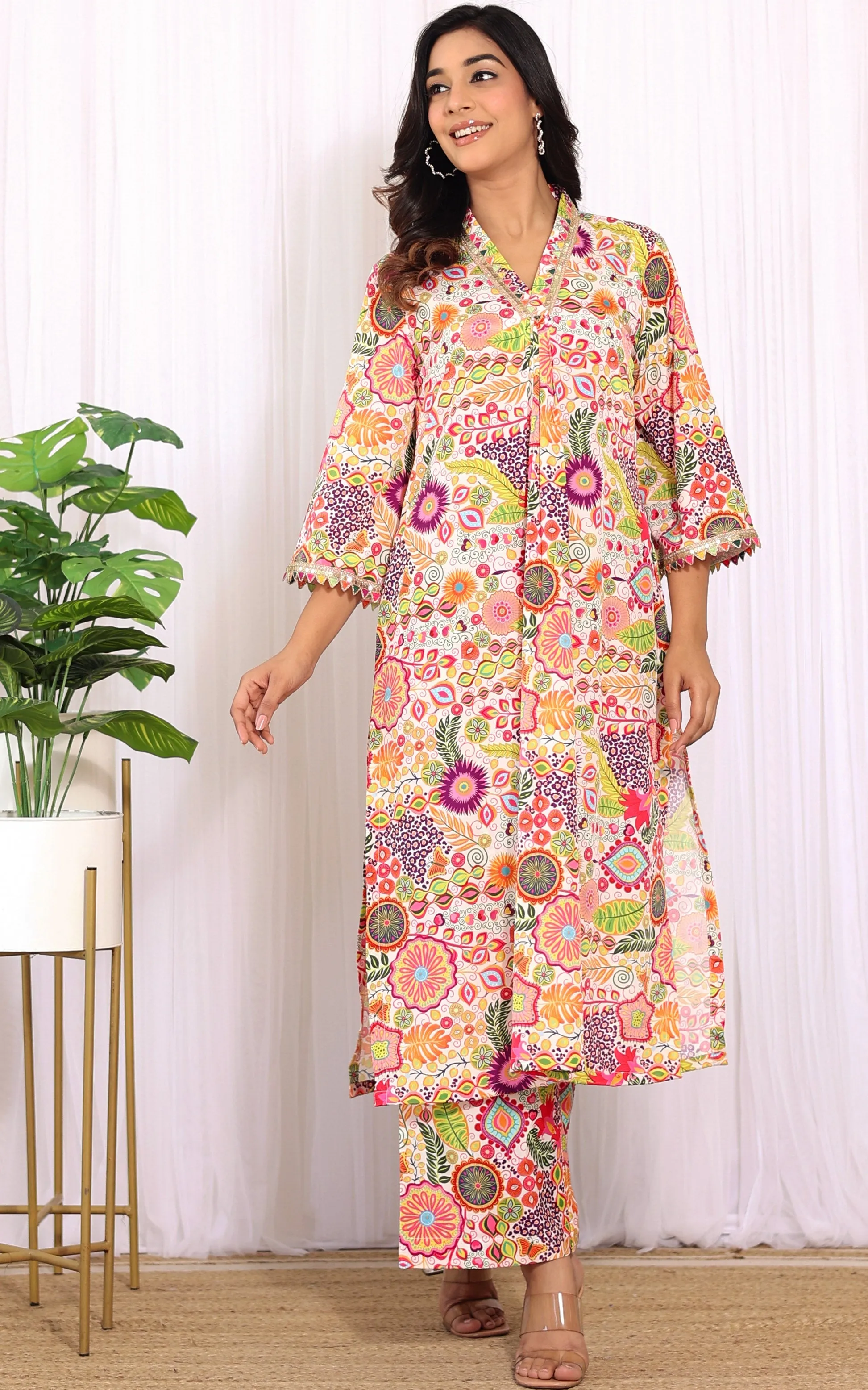 White Kitschy Printed Crepe Kurta Co-ord Set