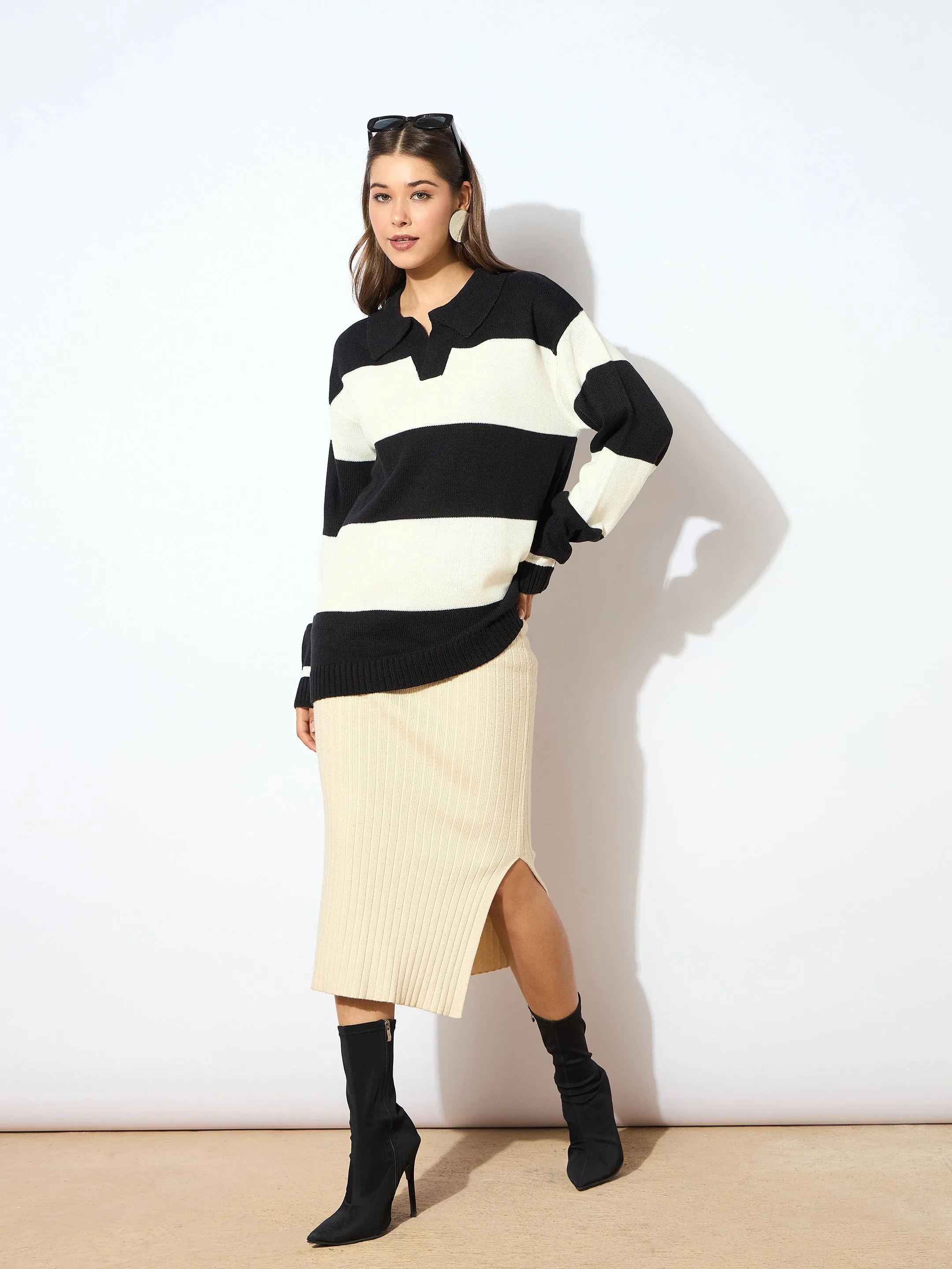 Women Black And White Polo Neck Sweater