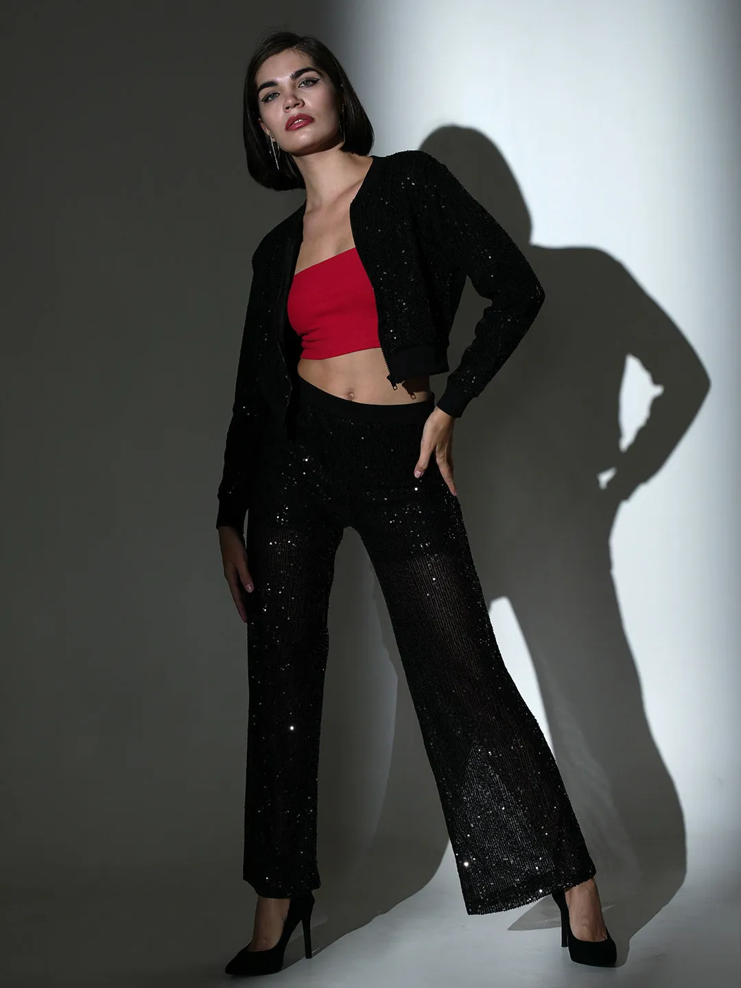 Women Black Sequin Party Straight Pants