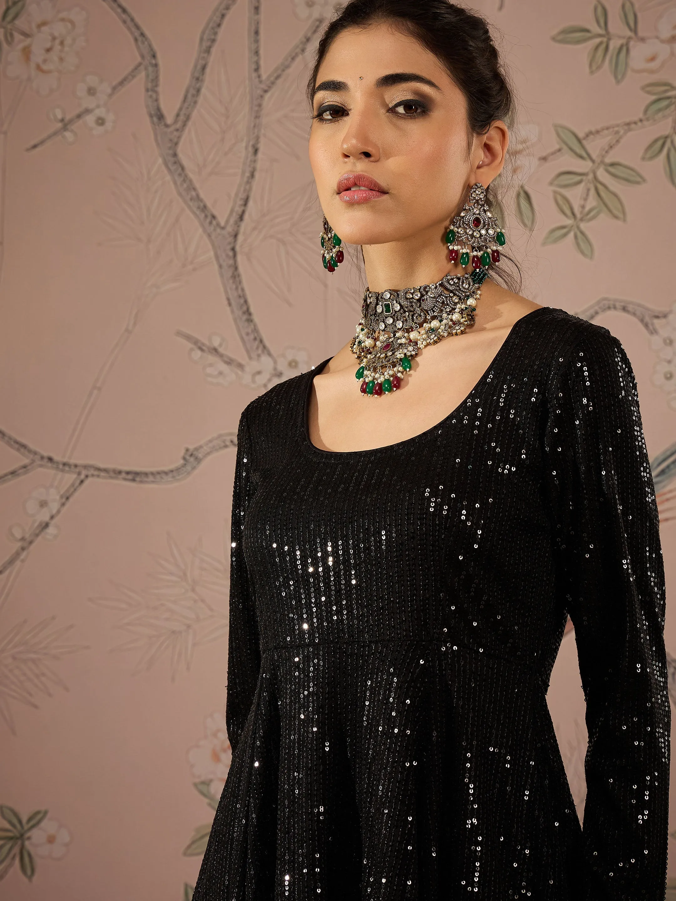 Women Black Sequins Peplum Top With Flared Pants