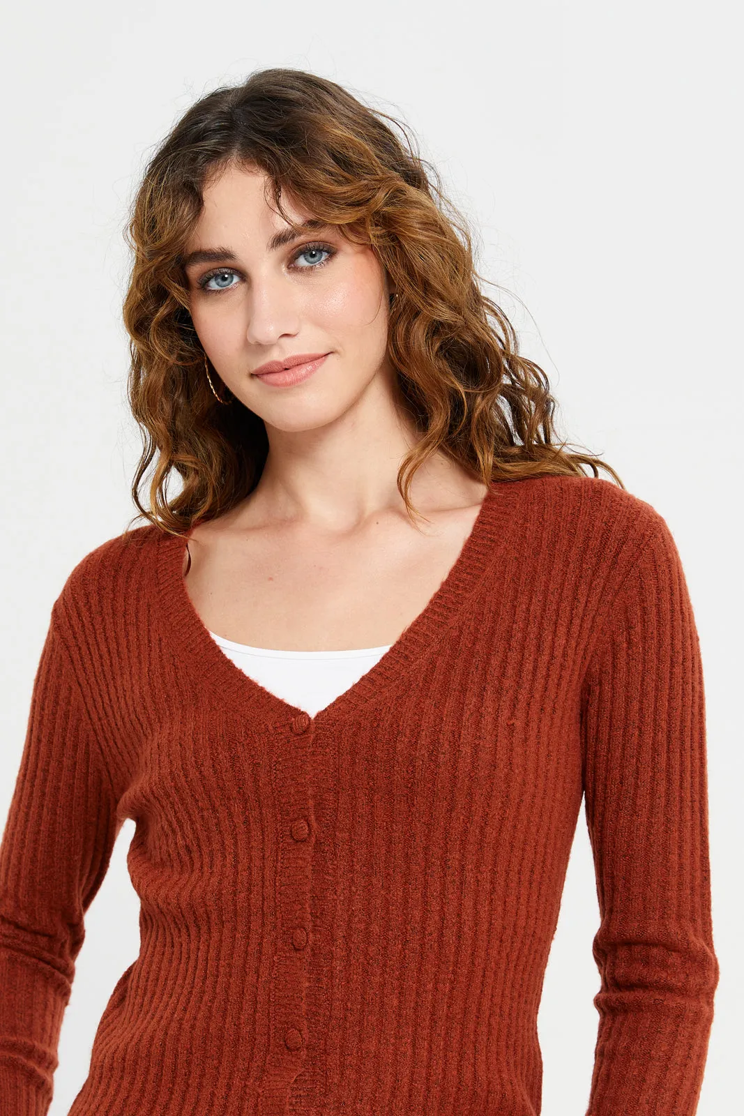 Women Brown V Neck Knitted Cardigan