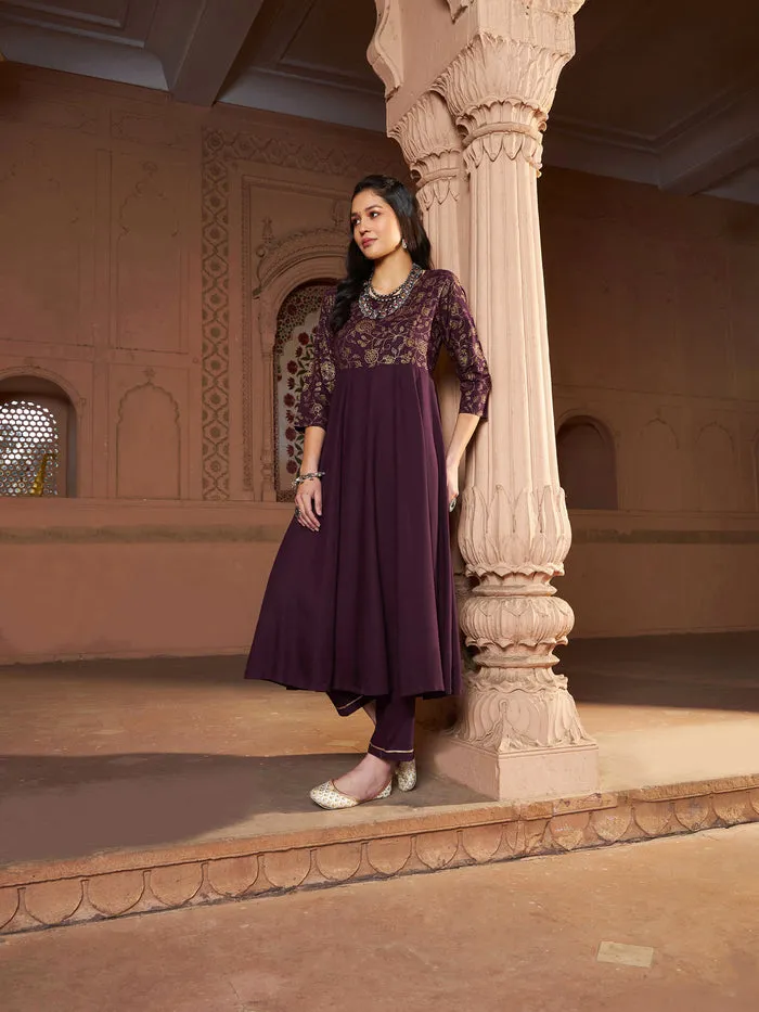 Women Burgundy Floral Bodice Foil Anarkali Kurta With Pants