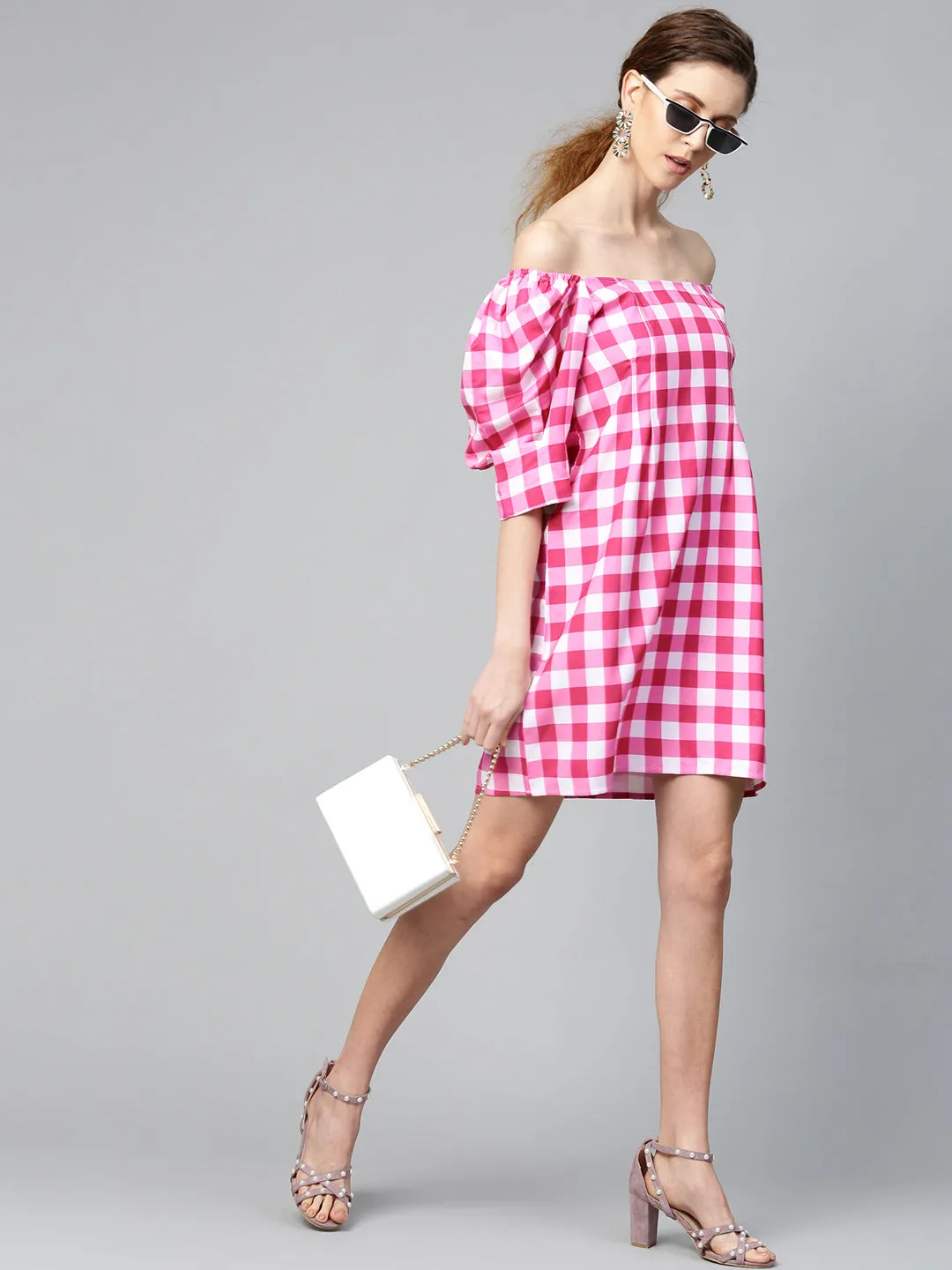 Women Fushsia & White Check Puff Sleeve Shift Dress