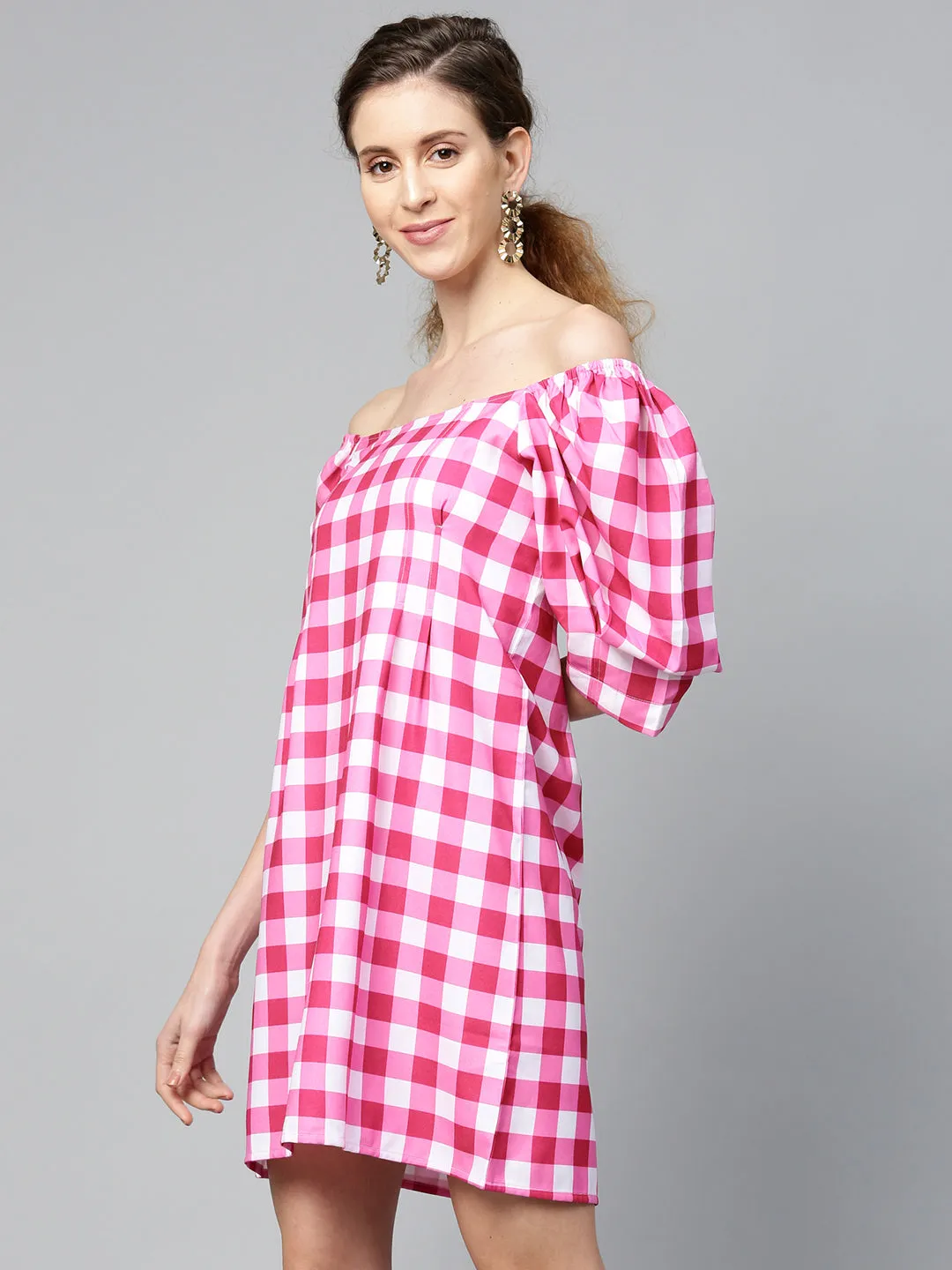 Women Fushsia & White Check Puff Sleeve Shift Dress