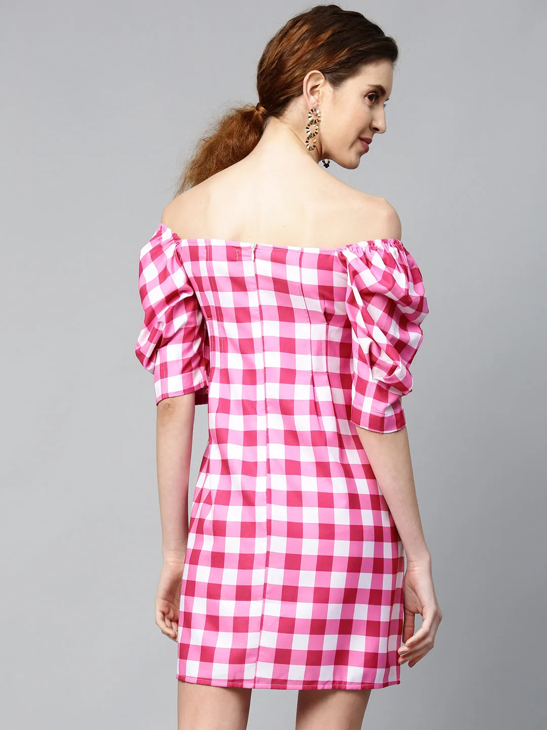 Women Fushsia & White Check Puff Sleeve Shift Dress