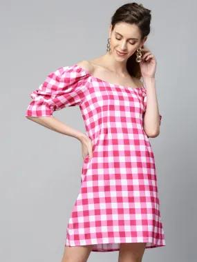 Women Fushsia & White Check Puff Sleeve Shift Dress