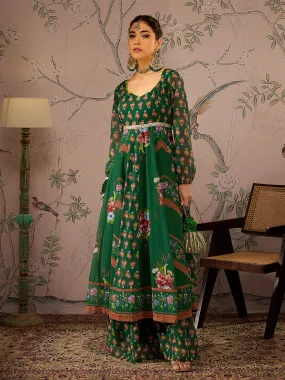 Women Green Floral Sweetheart Neck Anarkali Kurta With Pants