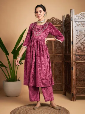 Women Pink Velvet Embroidered Gathered Kurta With Pants