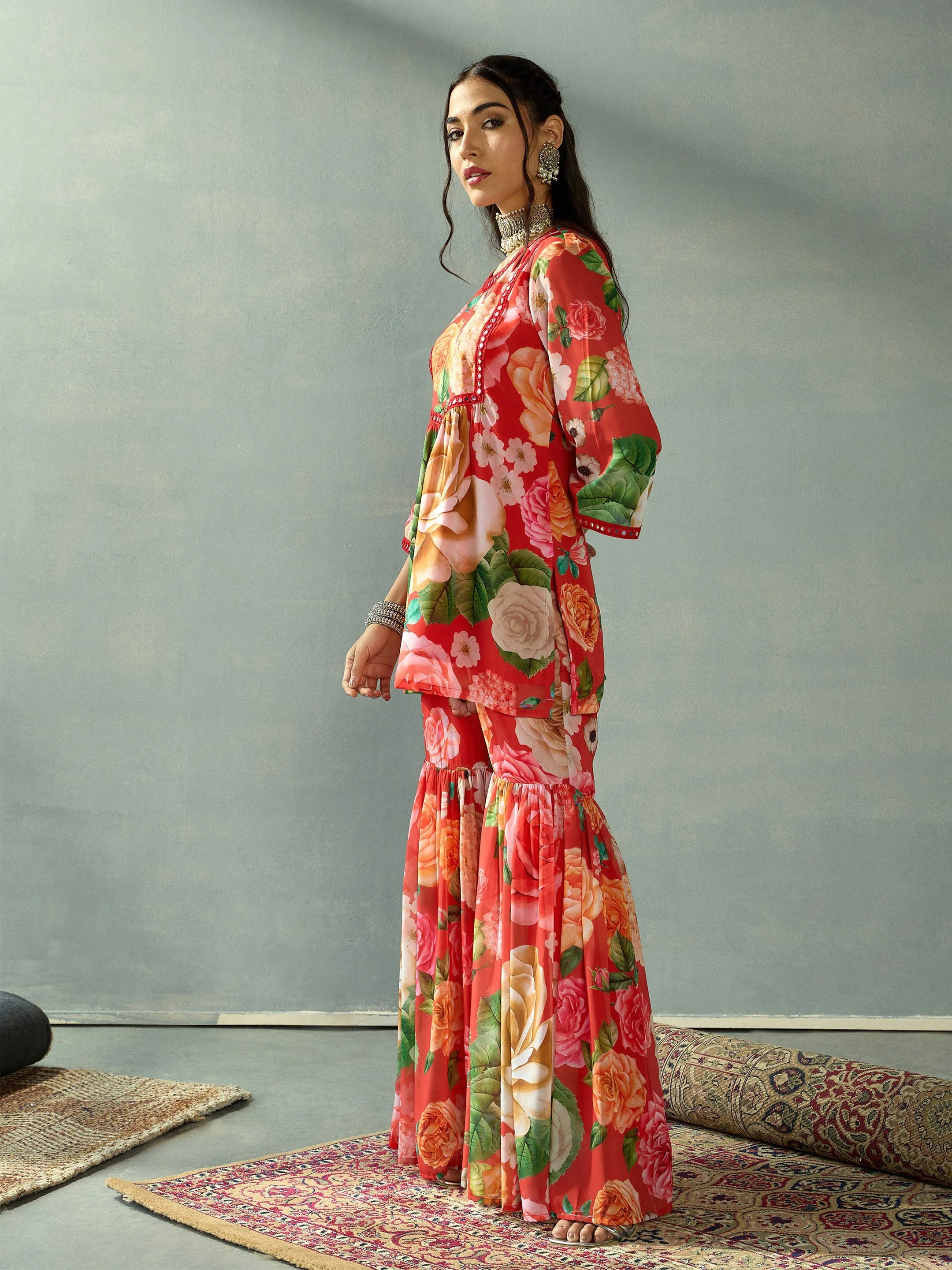 Women Red Floral Peplum Kurta With Sharara Pants