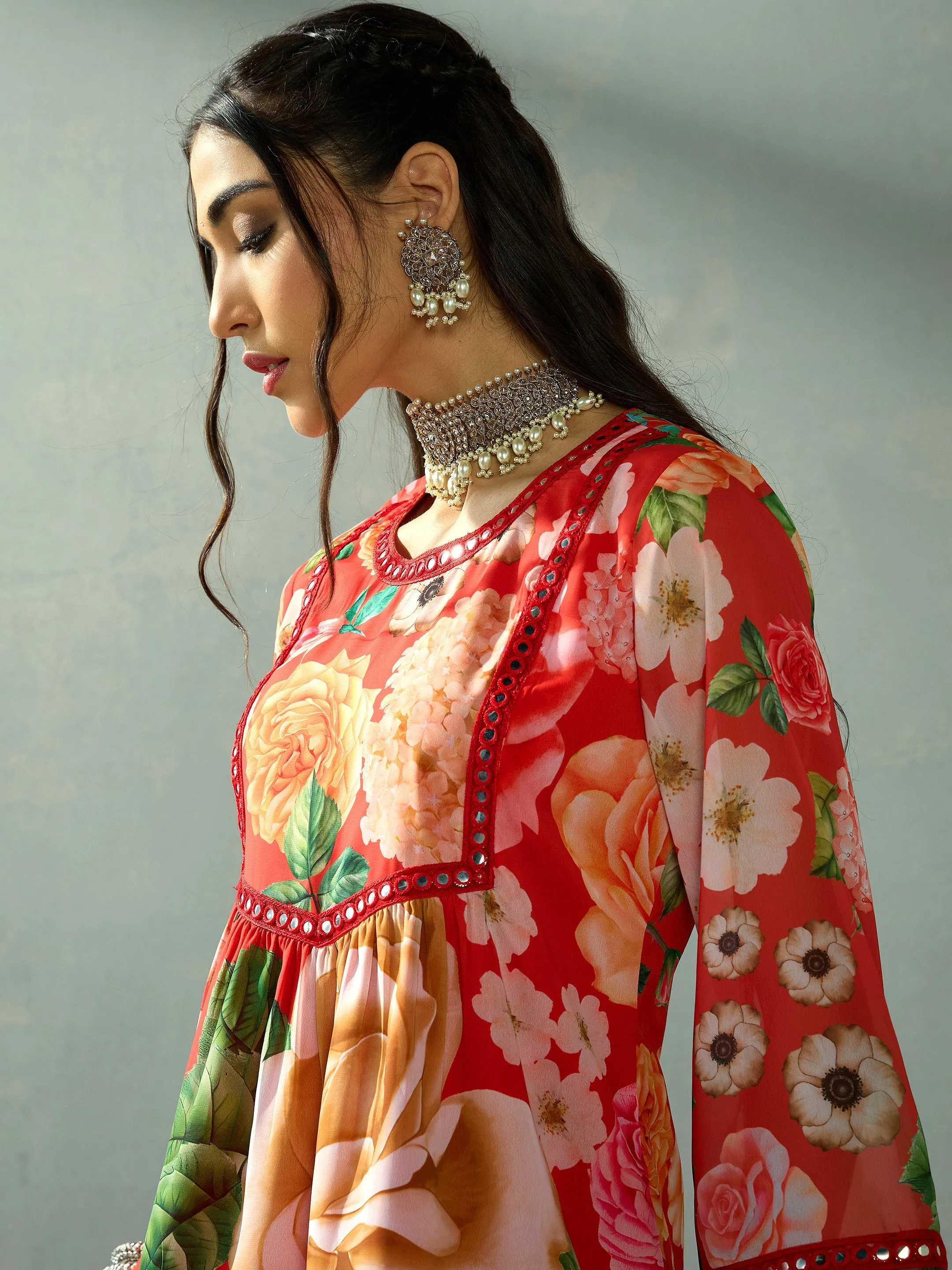 Women Red Floral Peplum Kurta With Sharara Pants