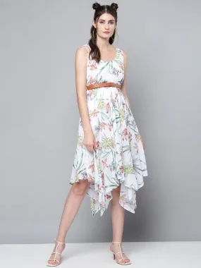 Women White Floral Asymmetric Belted Midi Dress