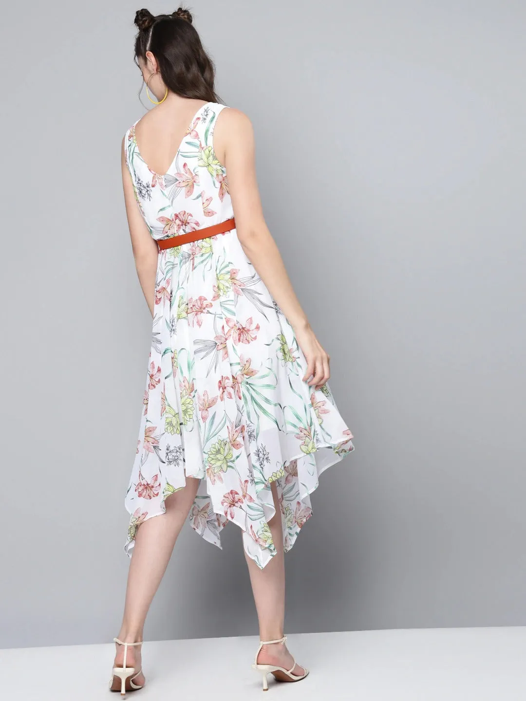 Women White Floral Asymmetric Belted Midi Dress