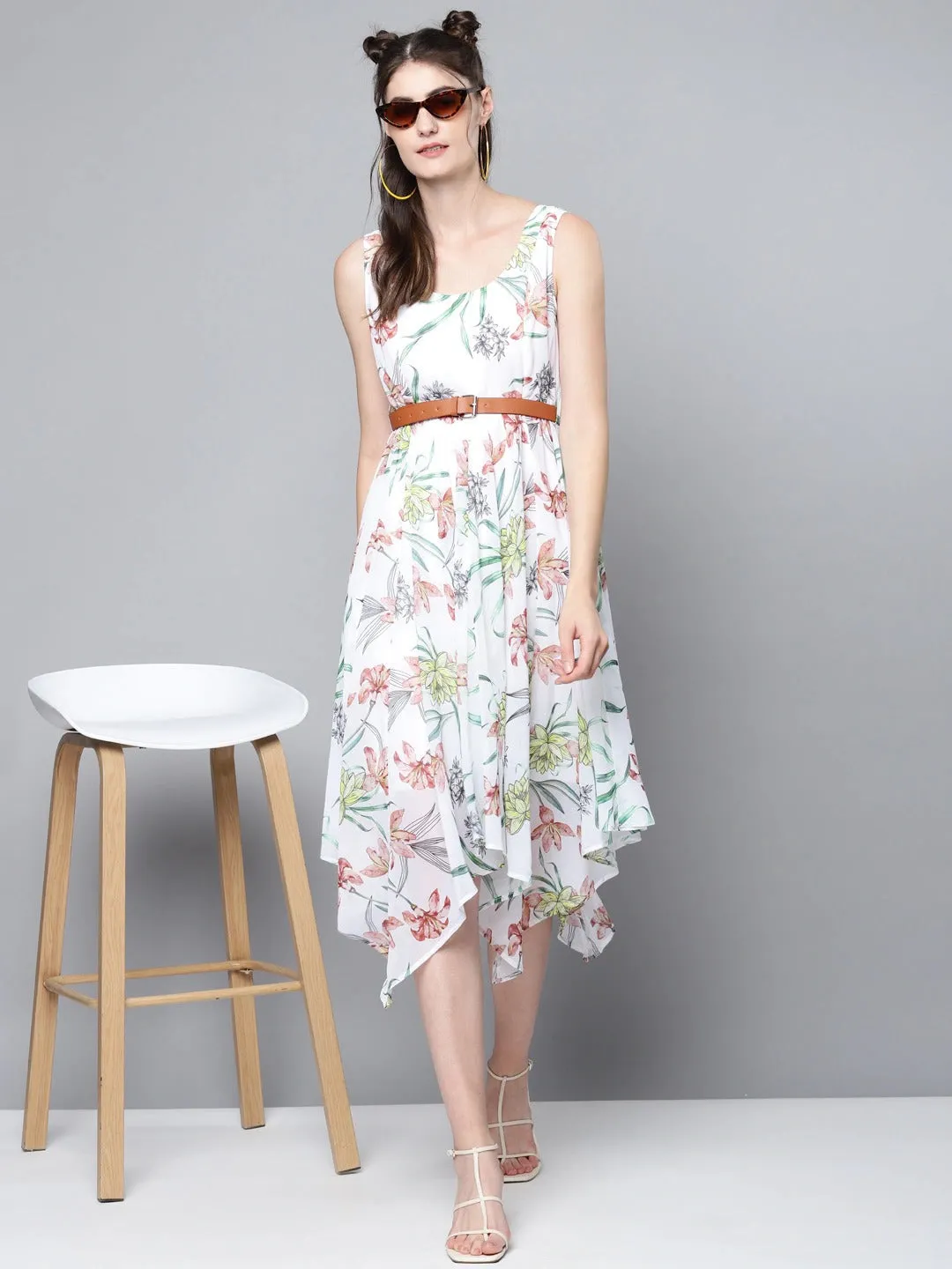 Women White Floral Asymmetric Belted Midi Dress