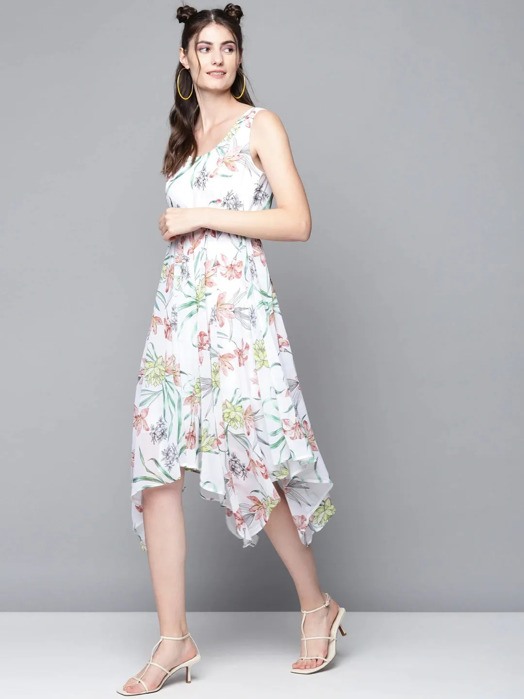 Women White Floral Asymmetric Belted Midi Dress