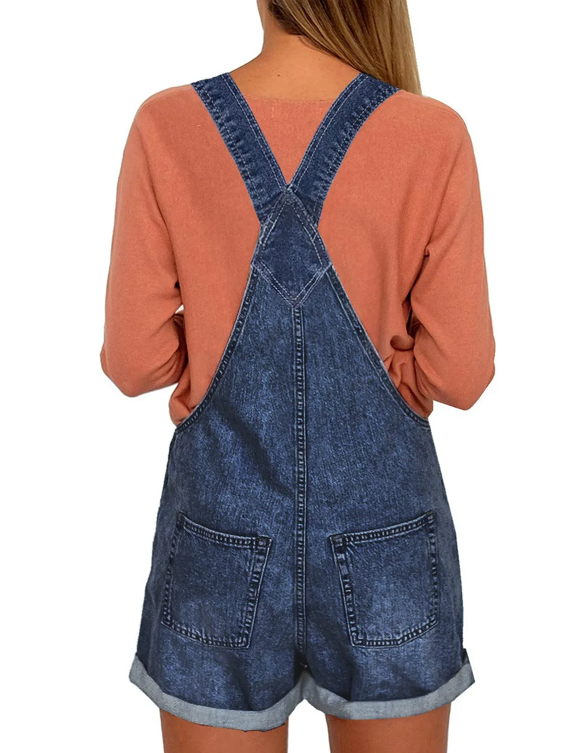 Women's Casual Cuffed Denim Bib Strap Overall Shorts Romper Shortall Jeans