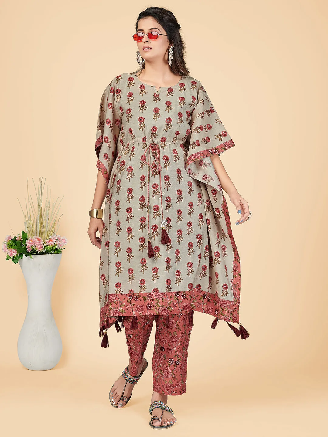 Women'S Coral Printed Kaftan Kurta With Pant Set (2 Pc Set)