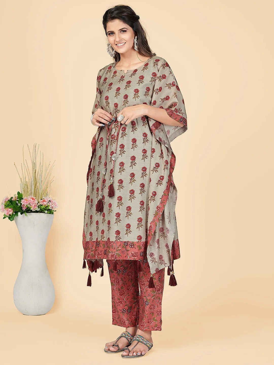 Women'S Coral Printed Kaftan Kurta With Pant Set (2 Pc Set)