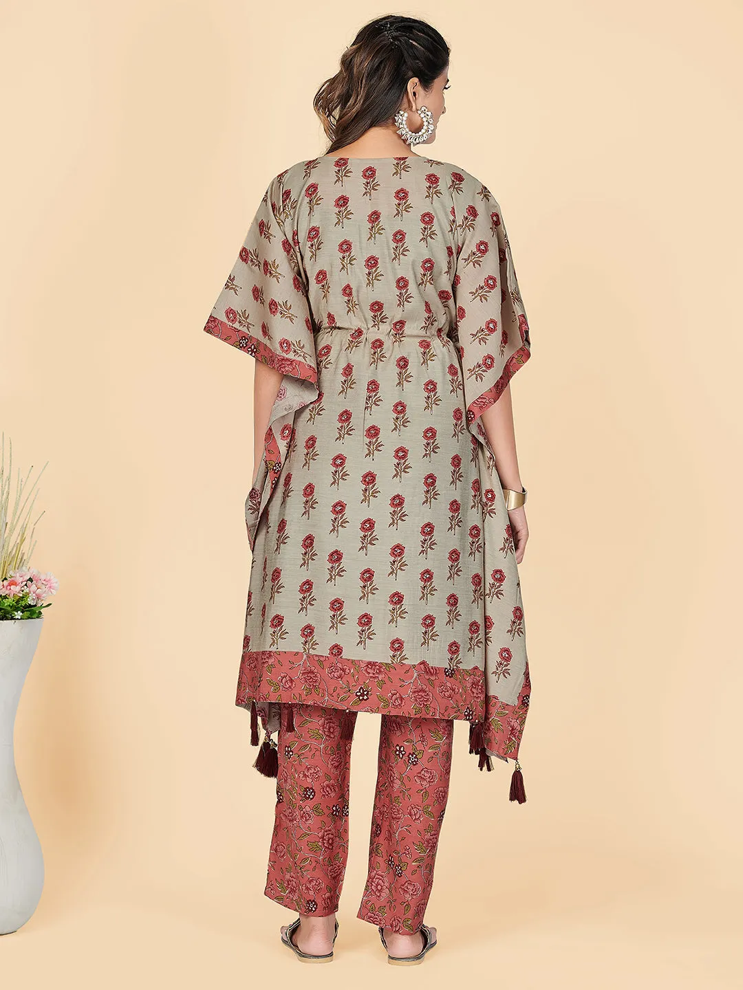 Women'S Coral Printed Kaftan Kurta With Pant Set (2 Pc Set)