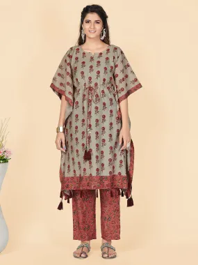 Women'S Coral Printed Kaftan Kurta With Pant Set (2 Pc Set)