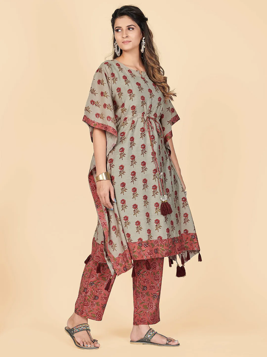 Women'S Coral Printed Kaftan Kurta With Pant Set (2 Pc Set)