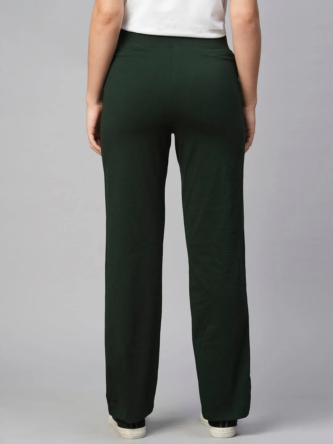 Women's Green Cotton Elastane Regular Fit Knit Pant