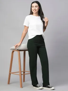 Women's Green Cotton Elastane Regular Fit Knit Pant